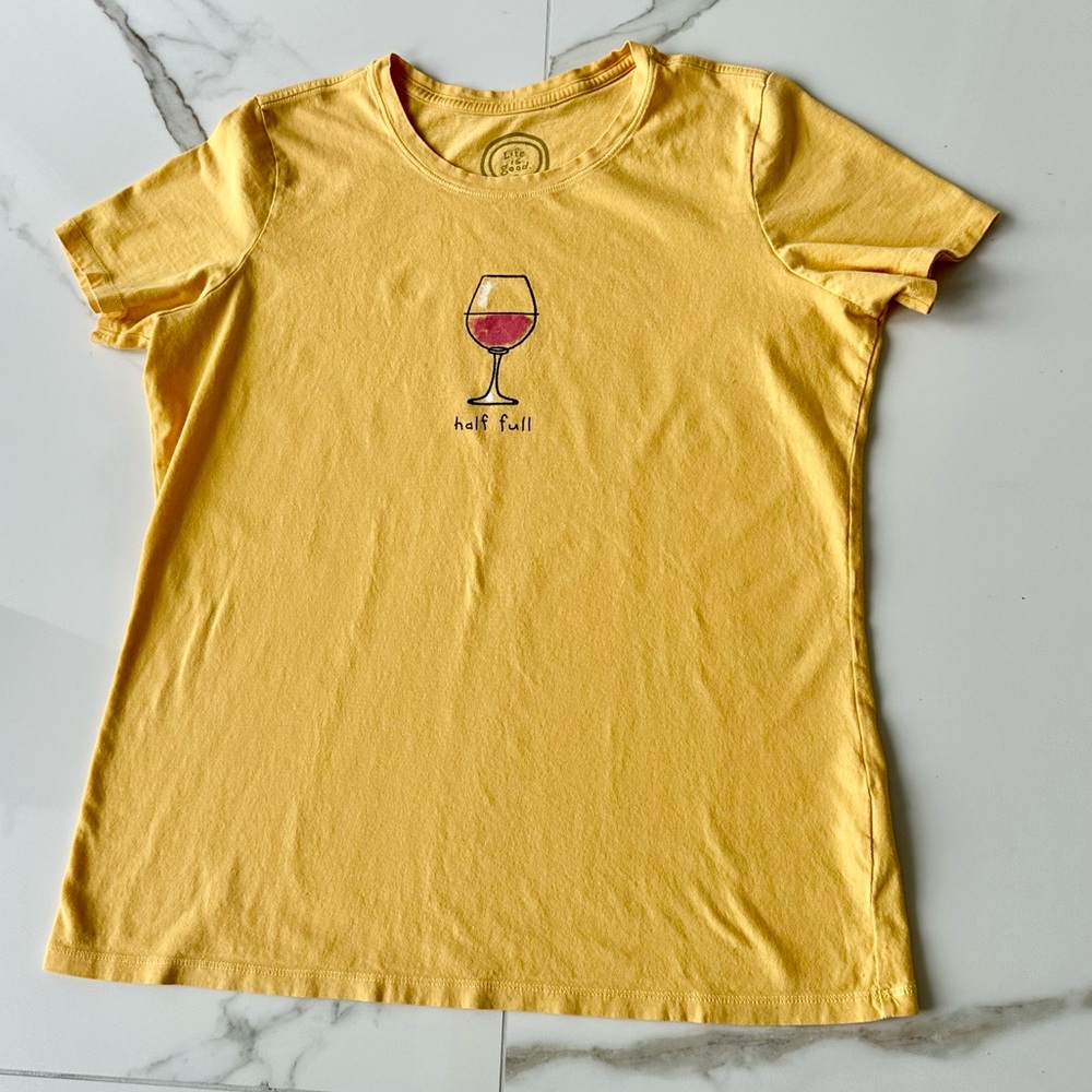 Life Is Good Women’s Half Full Wine Glass Short Sleeve Graphic Tee Sz. M